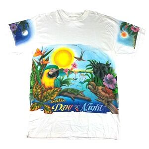 Vintage 90s Caribbean Soul Day Night Tropical Animals Parrot T Shirt Men's XL